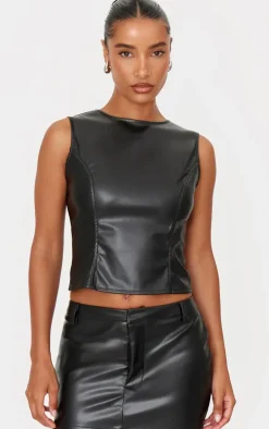 Black Faux Leather Seam Detail Open Back Long Top