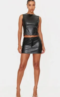Black Faux Leather Seam Detail Open Back Long Top