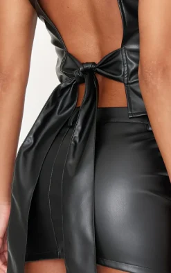 Black Faux Leather Seam Detail Open Back Long Top