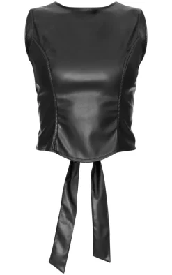 Black Faux Leather Seam Detail Open Back Long Top