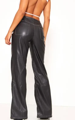 Black Faux Leather Seam Extreme Wide Leg Pants