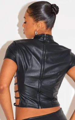 Black Faux Leather Side Open Detail High Neck Top