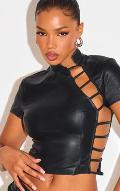 Black Faux Leather Side Open Detail High Neck Top