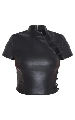 Black Faux Leather Side Open Detail High Neck Top