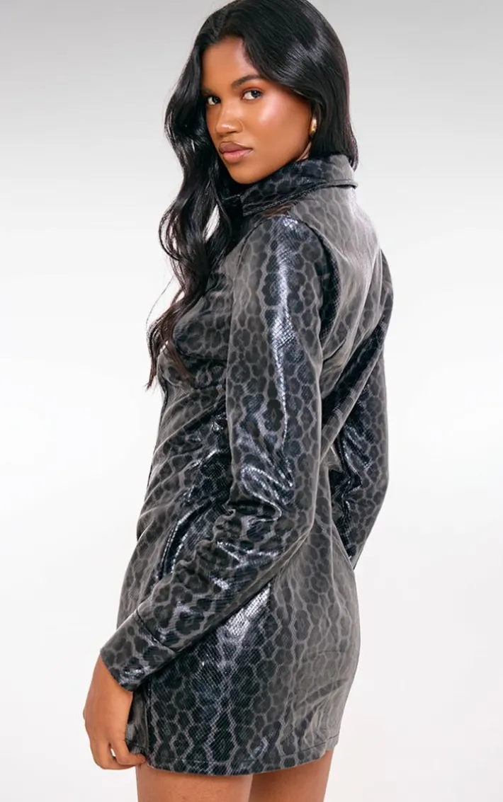 Black Faux Leather Snake Print Button Up Mini Dress