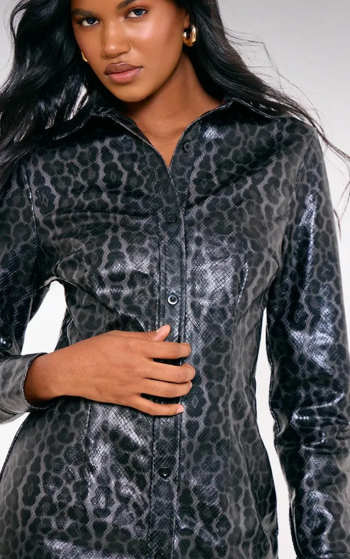 Black Faux Leather Snake Print Button Up Mini Dress