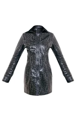 Black Faux Leather Snake Print Button Up Mini Dress