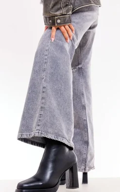 Black Faux Leather Square Toe Block Heeled Ankle Boots