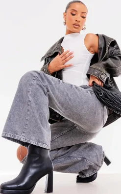 Black Faux Leather Square Toe Block Heeled Ankle Boots