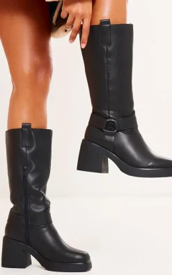 Black Faux Leather Square Toe Buckle Chunky Heeled Thigh High Boots