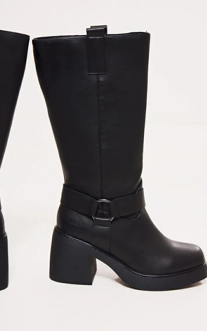 Black Faux Leather Square Toe Buckle Chunky Heeled Thigh High Boots