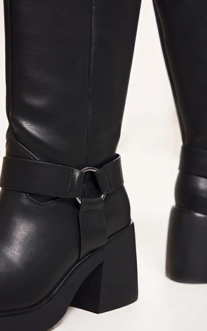 Black Faux Leather Square Toe Buckle Chunky Heeled Thigh High Boots