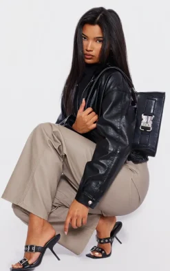 Black Faux Leather Square Toe Double Buckle Mid Heeled Mules