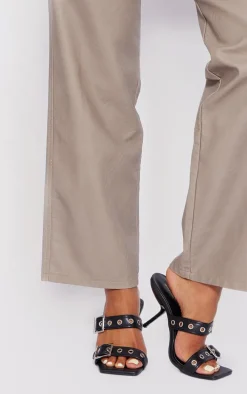 Black Faux Leather Square Toe Double Buckle Mid Heeled Mules