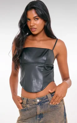 Black Faux Leather Strap Back Detail Dip Hem Corset