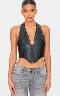 Black Faux Leather Studded Halter Neck Crop Top