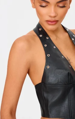 Black Faux Leather Studded Halter Neck Crop Top