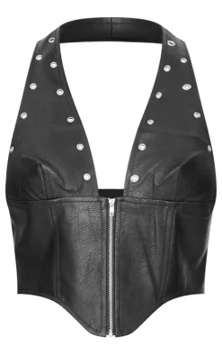 Black Faux Leather Studded Halter Neck Crop Top