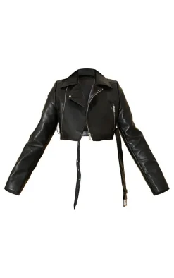 Black Faux Leather Super Cropped Belted Biker Jacket
