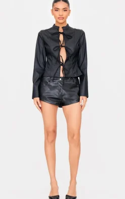 Black Faux Leather Tie Front Fitted Blouse