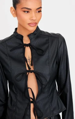Black Faux Leather Tie Front Fitted Blouse