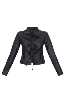 Black Faux Leather Tie Front Fitted Blouse