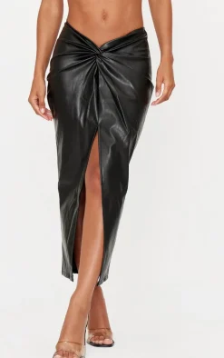 Black Faux Leather Twist Detail Front Midi Skirt