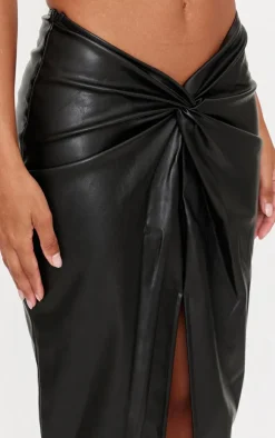 Black Faux Leather Twist Detail Front Midi Skirt