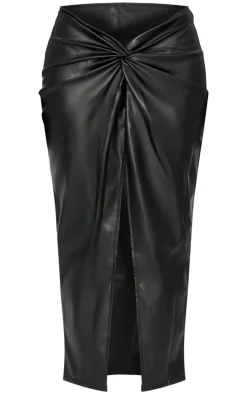 Black Faux Leather Twist Detail Front Midi Skirt