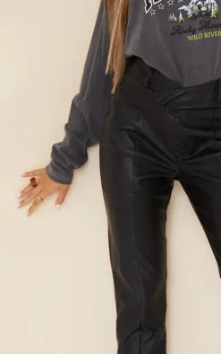 Black Faux Leather V Front Straight Leg Pants