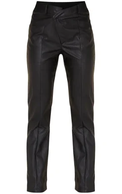 Black Faux Leather V Front Straight Leg Pants