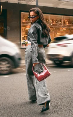 Black Faux Leather Western Detail Curved Hem Jacket