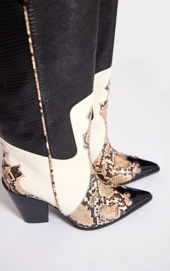 Black Faux Leather Wide Fit Textured Snake Print Western Knee Boots