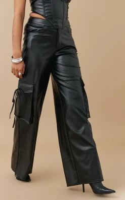 Black Faux Leather Wide Leg Cargo Pants