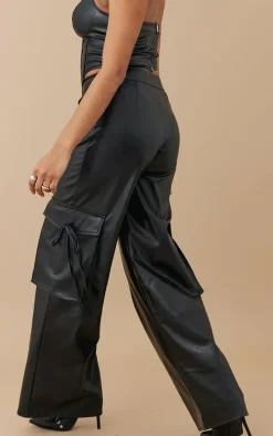 Black Faux Leather Wide Leg Cargo Pants