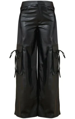 Black Faux Leather Wide Leg Cargo Pants