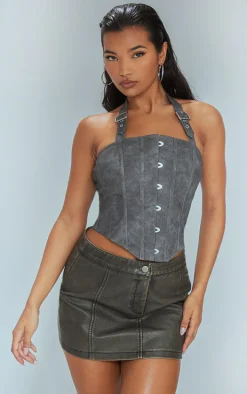 Black Faux Leather Woven Hook & Eye Buckle Halterneck Boned Corset