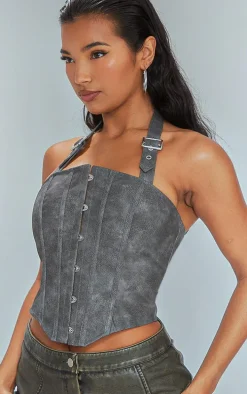 Black Faux Leather Woven Hook & Eye Buckle Halterneck Boned Corset