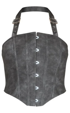 Black Faux Leather Woven Hook & Eye Buckle Halterneck Boned Corset