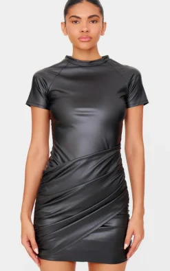 Black Faux Leather Wrap Over Skirt Mini Dress