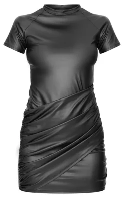 Black Faux Leather Wrap Over Skirt Mini Dress