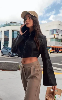 Black Faux Leather Zip Cropped Shirt