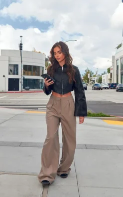 Black Faux Leather Zip Cropped Shirt