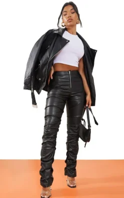 Black Faux Leather Zip Front Ruched Detail Skinny Pants