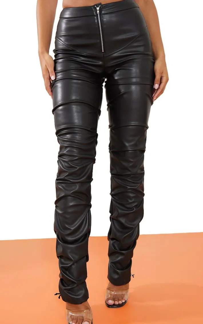 Black Faux Leather Zip Front Ruched Detail Skinny Pants