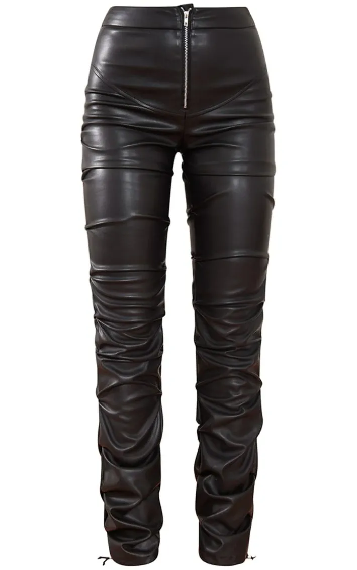 Black Faux Leather Zip Front Ruched Detail Skinny Pants