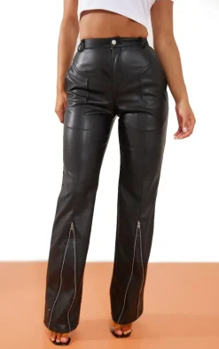 Black Faux Leather Zip Seam Detail Straight Leg Pants