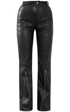 Black Faux Leather Zip Seam Detail Straight Leg Pants