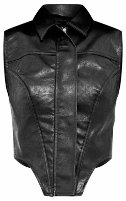 Black Faux Leather Zip Up Dip Hem Long Top
