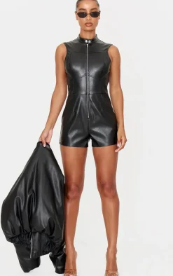 Black Faux Leather Zip Up Sleeveless Romper